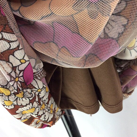 Madden NYC Juniors Ruched Dress Size XL Brown Retro 70s Floral Bodycon Sexy - Picture 9 of 11